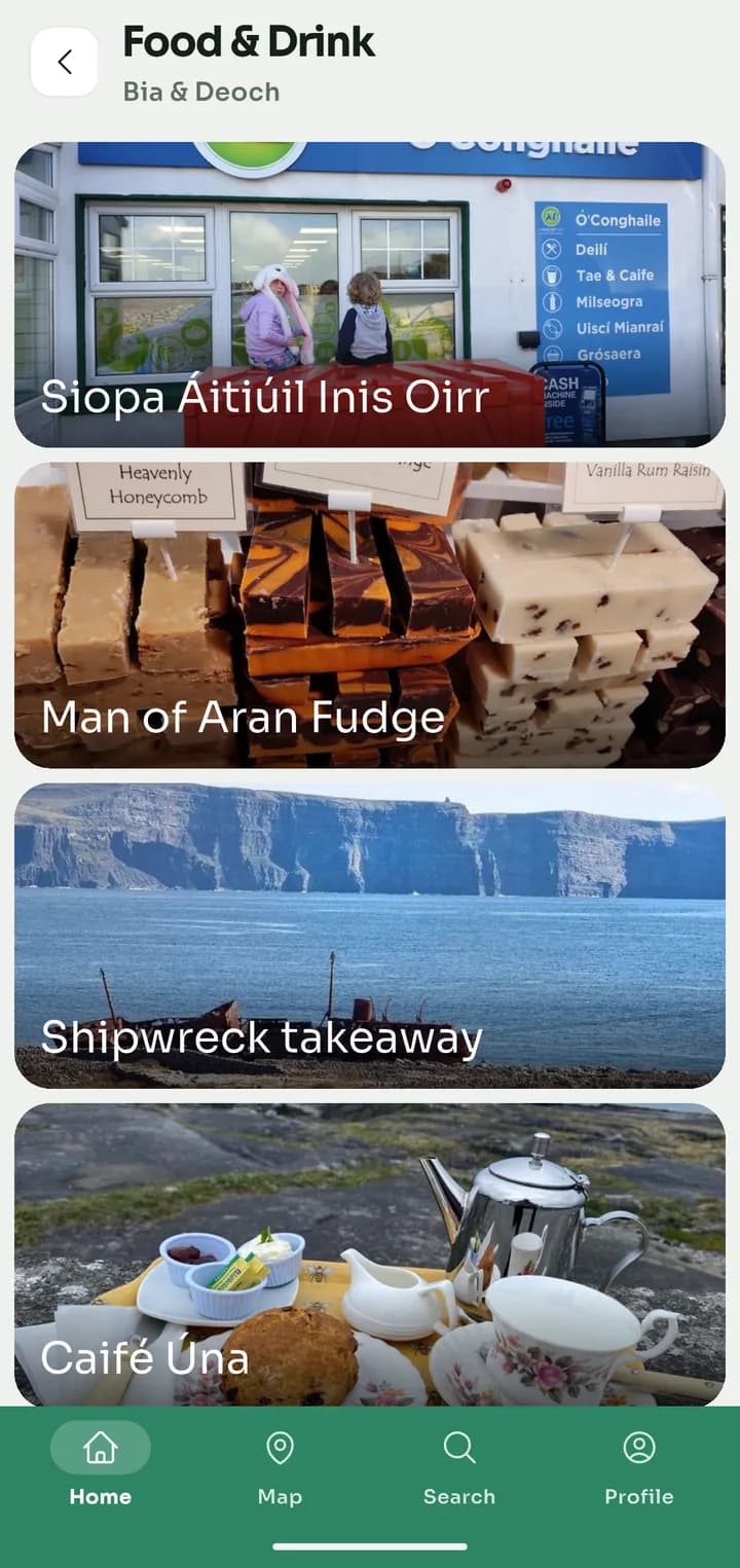 The Food and Drink list showing Siopa Áitiúil Inis Oírr, Man of Aran Fudge, Shipwreck takeaway and Caifé Úna
