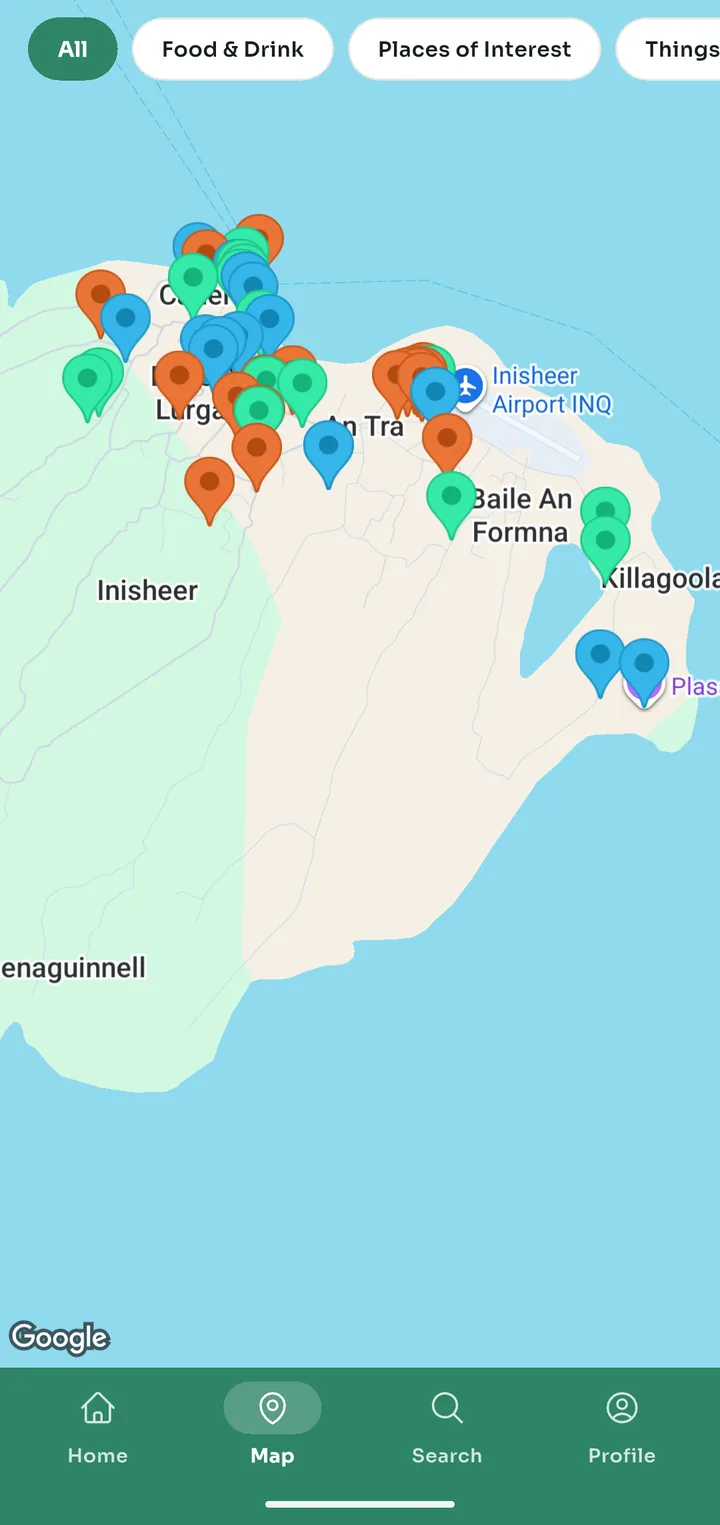A map of Inis Oírr with coloured pins for food and drink, places of interest and things to do