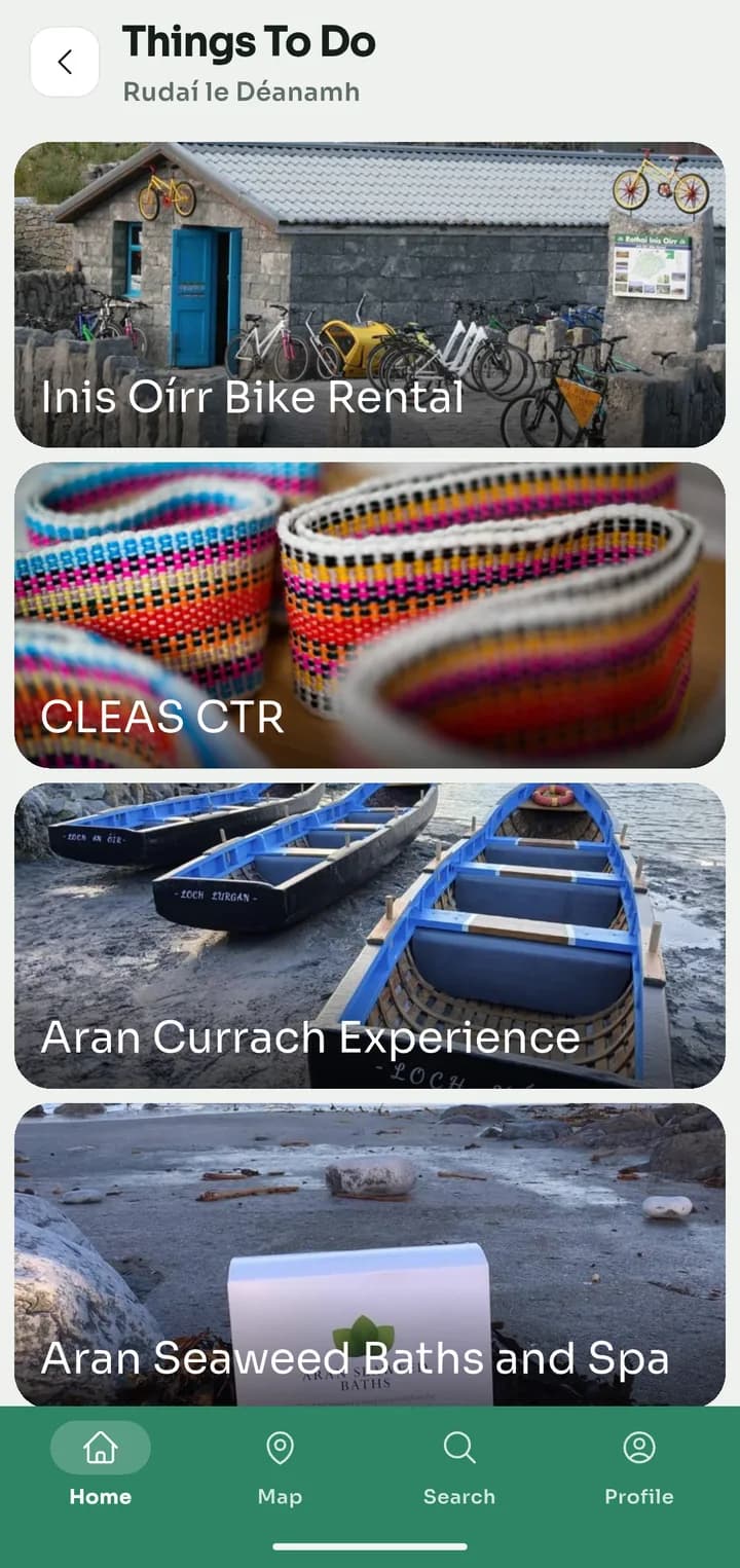 The Things To Do list showing Inis Oírr Bike Rental, CLEAS CTR, Aran Currach Experience and Aran Seaweed Baths and Spa